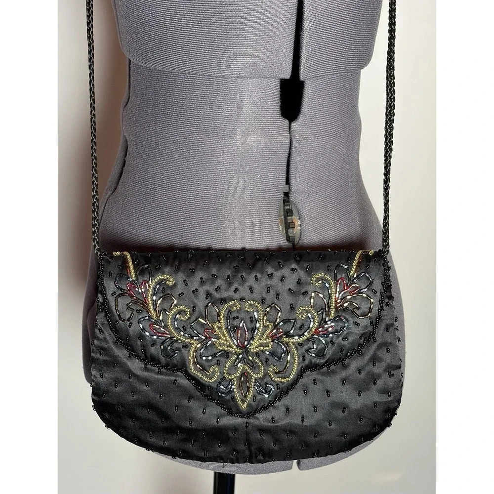 Vtg Y2K Beaded Satin Evening Bag Black Floral‎ Woven Strap Prom cocktail